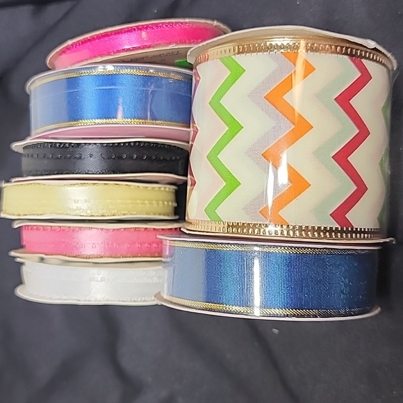 Other - Vintage Colorful Ribbon Set with Chevron Pattern Gold Trim, 8 Spools